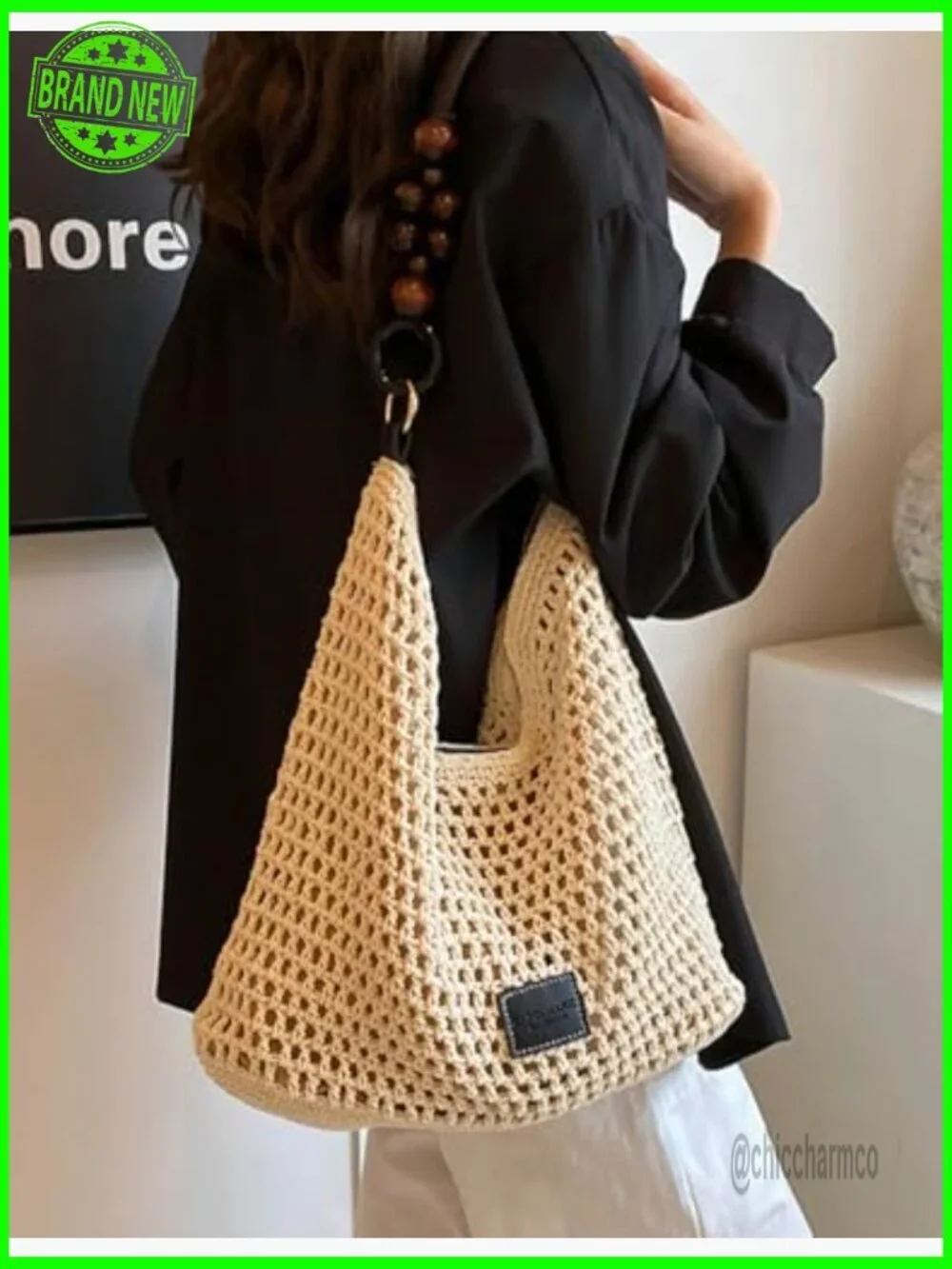Crochet Cotton Hobo Shoulder Bag, Woven Mesh Beach Purse with Bead Accent